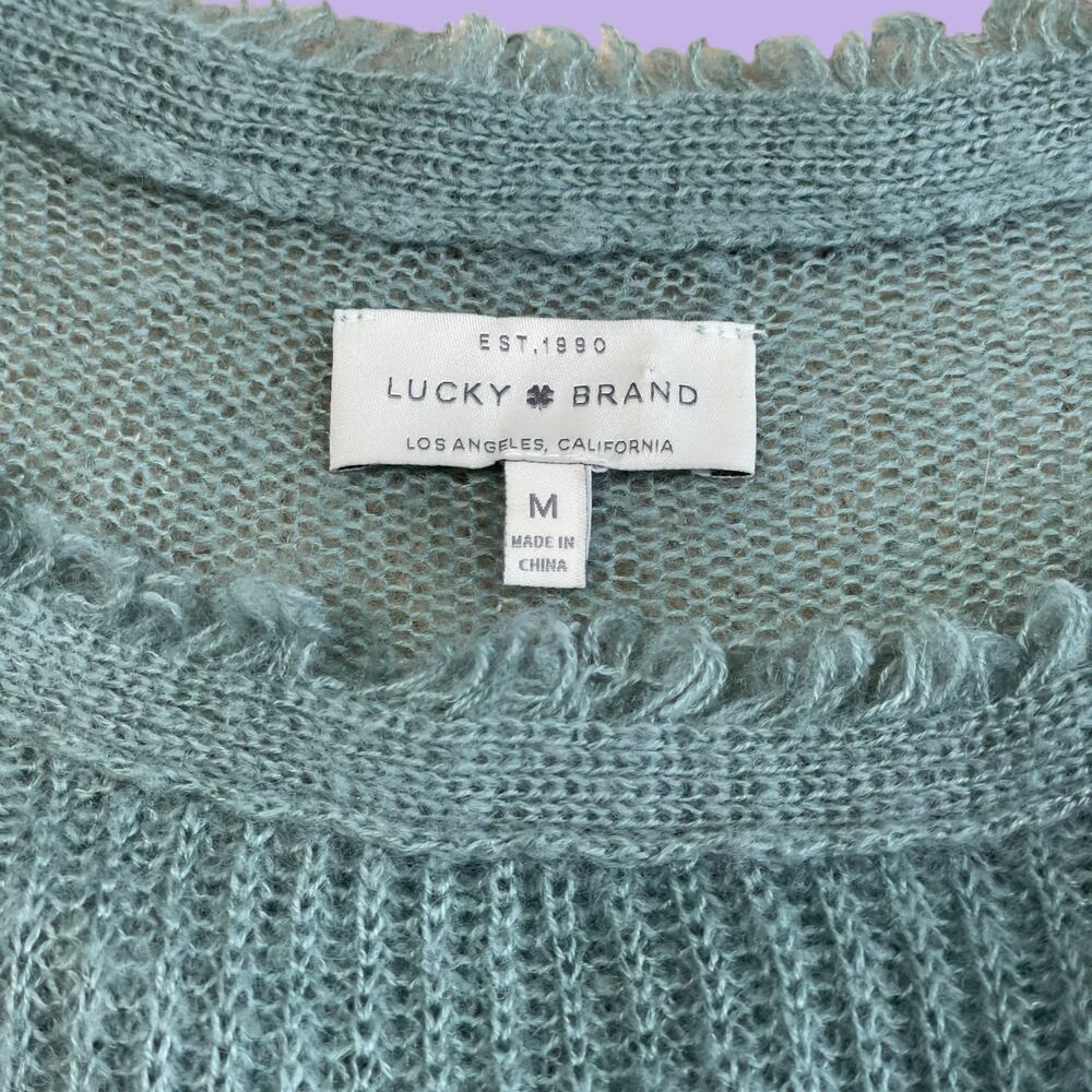Lucky Brand wool blend lightweight blue green fringe sweater medium - Picture 5 of 12